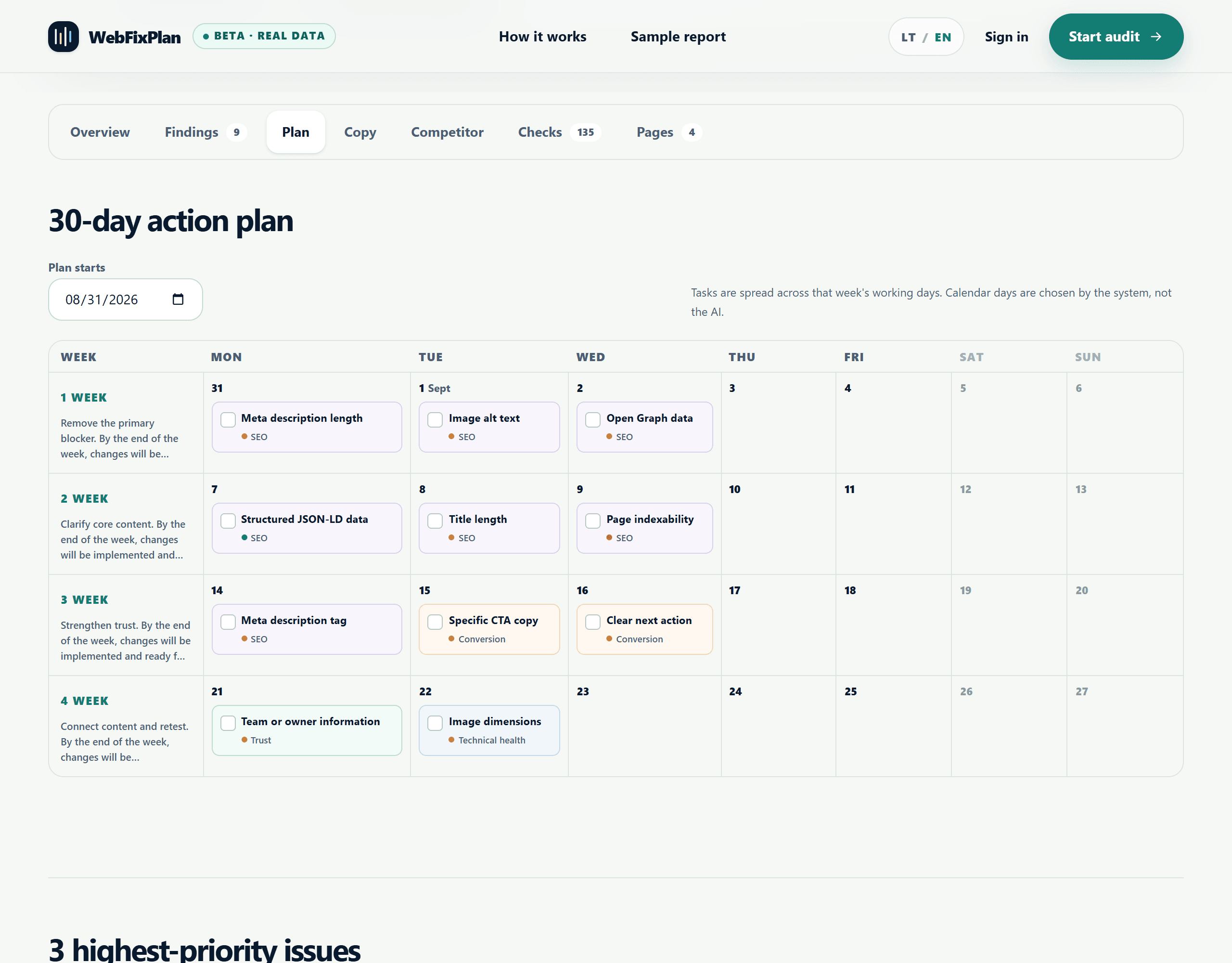WebFixPlan 30-day action plan in calendar view